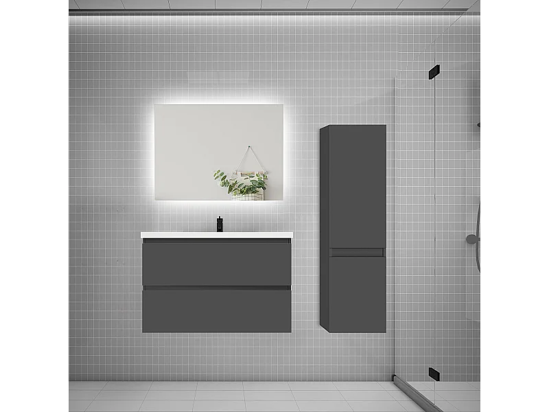 Ensemble meuble simple vasque 80cm 2 tiroirs + lavabo + colonne + miroir,anthracite