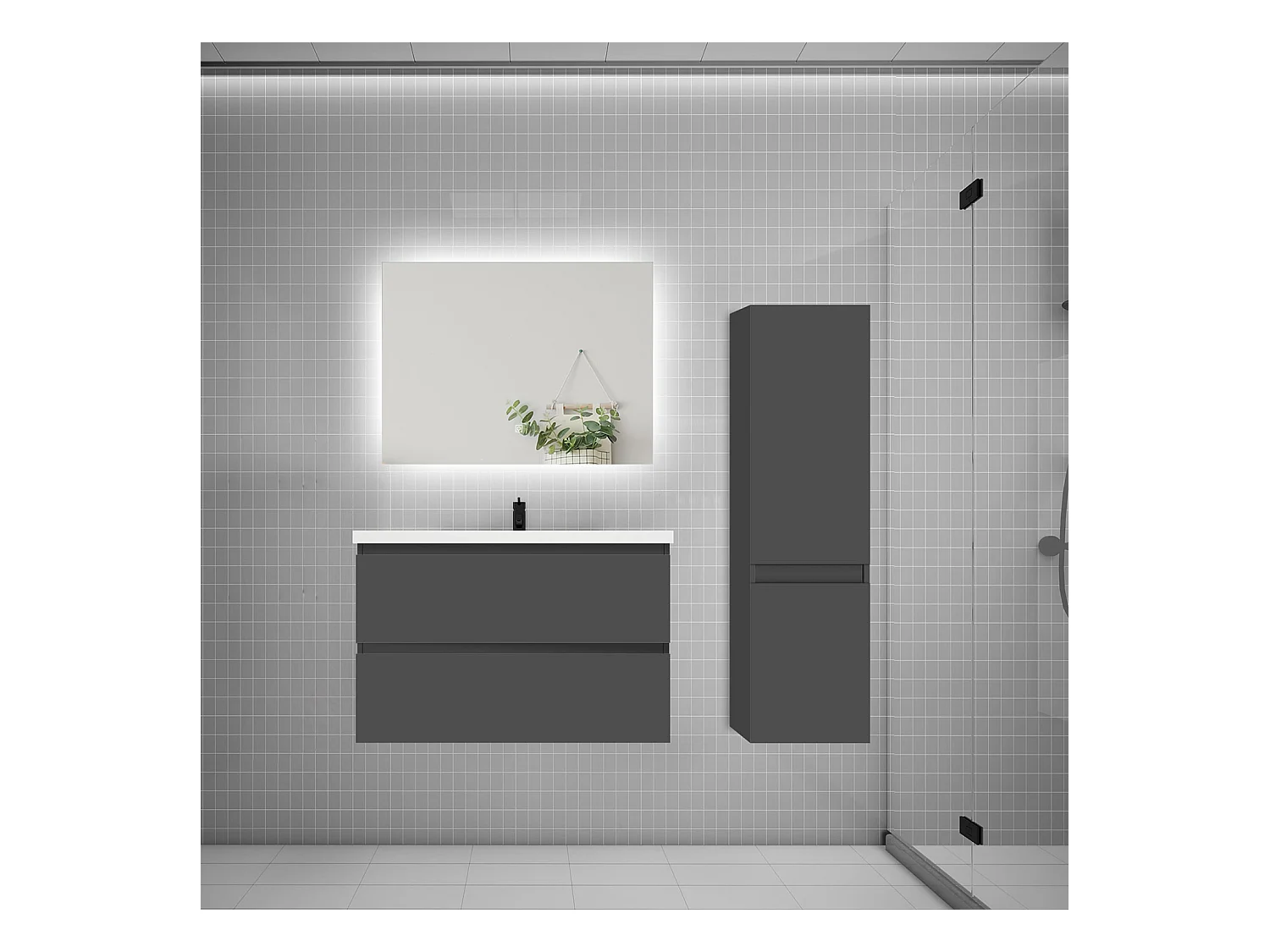 Ensemble meuble simple vasque 80cm 2 tiroirs + lavabo + colonne + miroir,anthracite