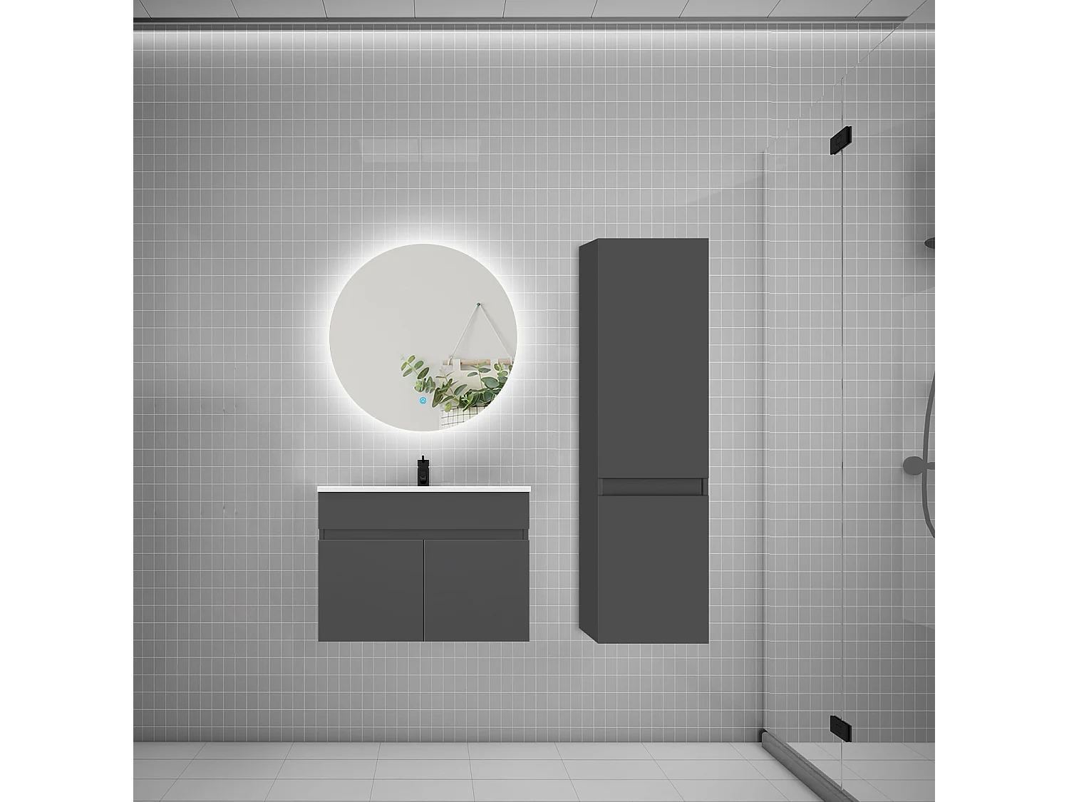 Ensemble meuble simple vasque 60cm lavabo + colonne + miroir rond,anthracite