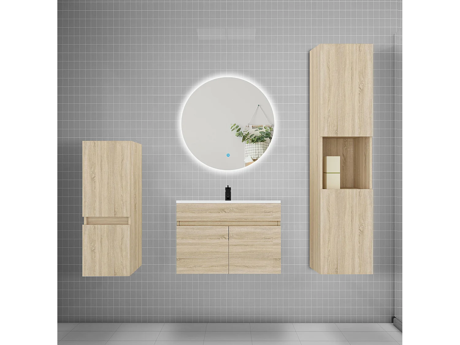 Ensemble meuble vasque L.60cm lavabo + colonne + miroir rond,chêne