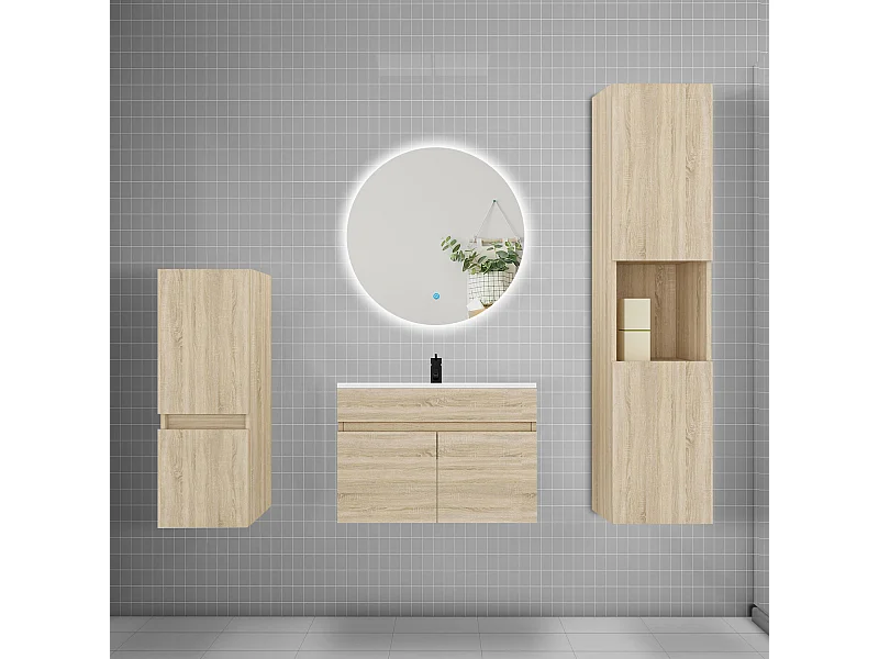 Ensemble meuble vasque L.60cm lavabo + colonne + miroir rond,chêne
