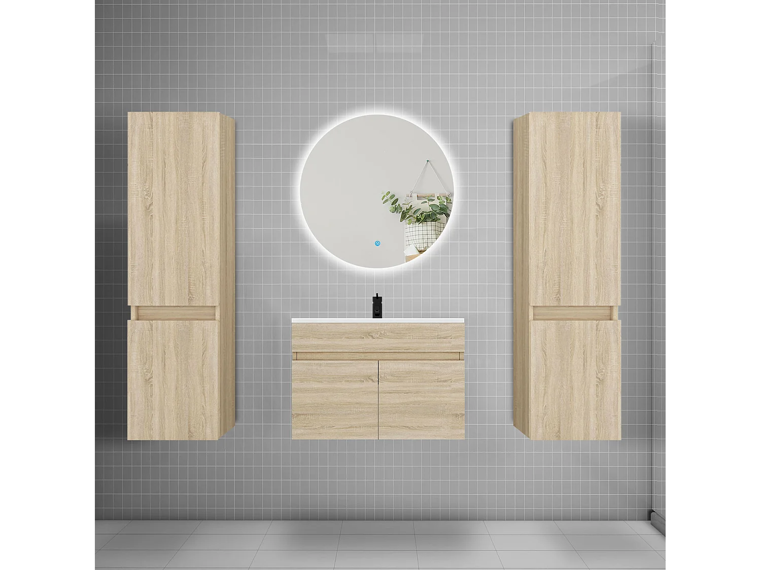 Ensemble meuble vasque L.60cm lavabo + colonne + miroir rond 60cm,chêne
