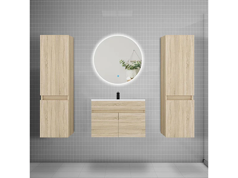 Ensemble meuble vasque L.60cm lavabo + colonne + miroir rond 60cm,chêne