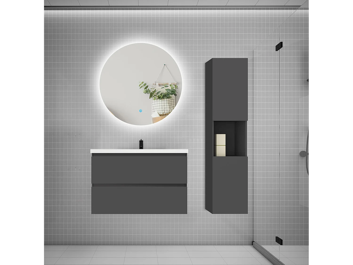 Ensemble meuble vasque 80cm 2 tiroirs + lavabo + colonne + miroir rond,anthracite