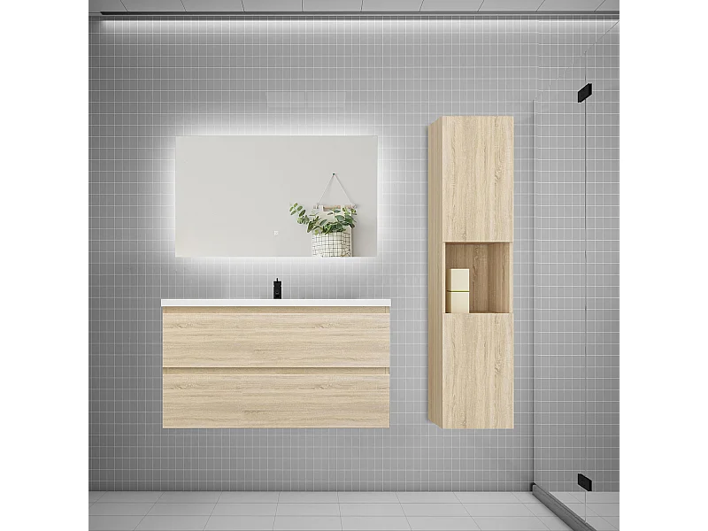 Ensemble meuble vasque 100cm 2 tiroirs + lavabo + colonne + miroir,chêne