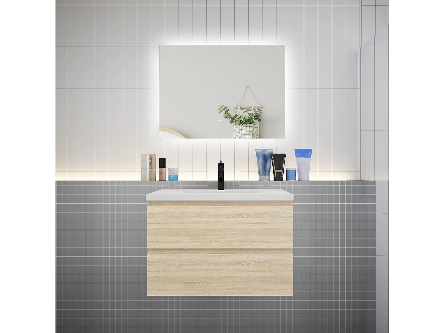Ensemble meuble vasque L.80cm 2 tiroirs + lavabo + LED miroir 80cm,chêne