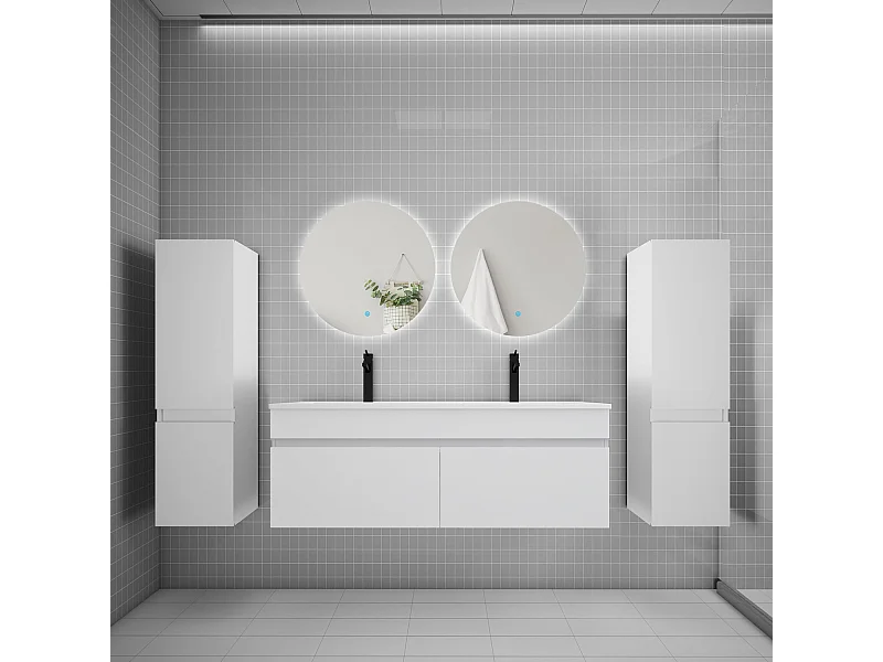 Ensemble meuble vasque L.120cm lavabo + colonne + miroir rond 60cm,blanc
