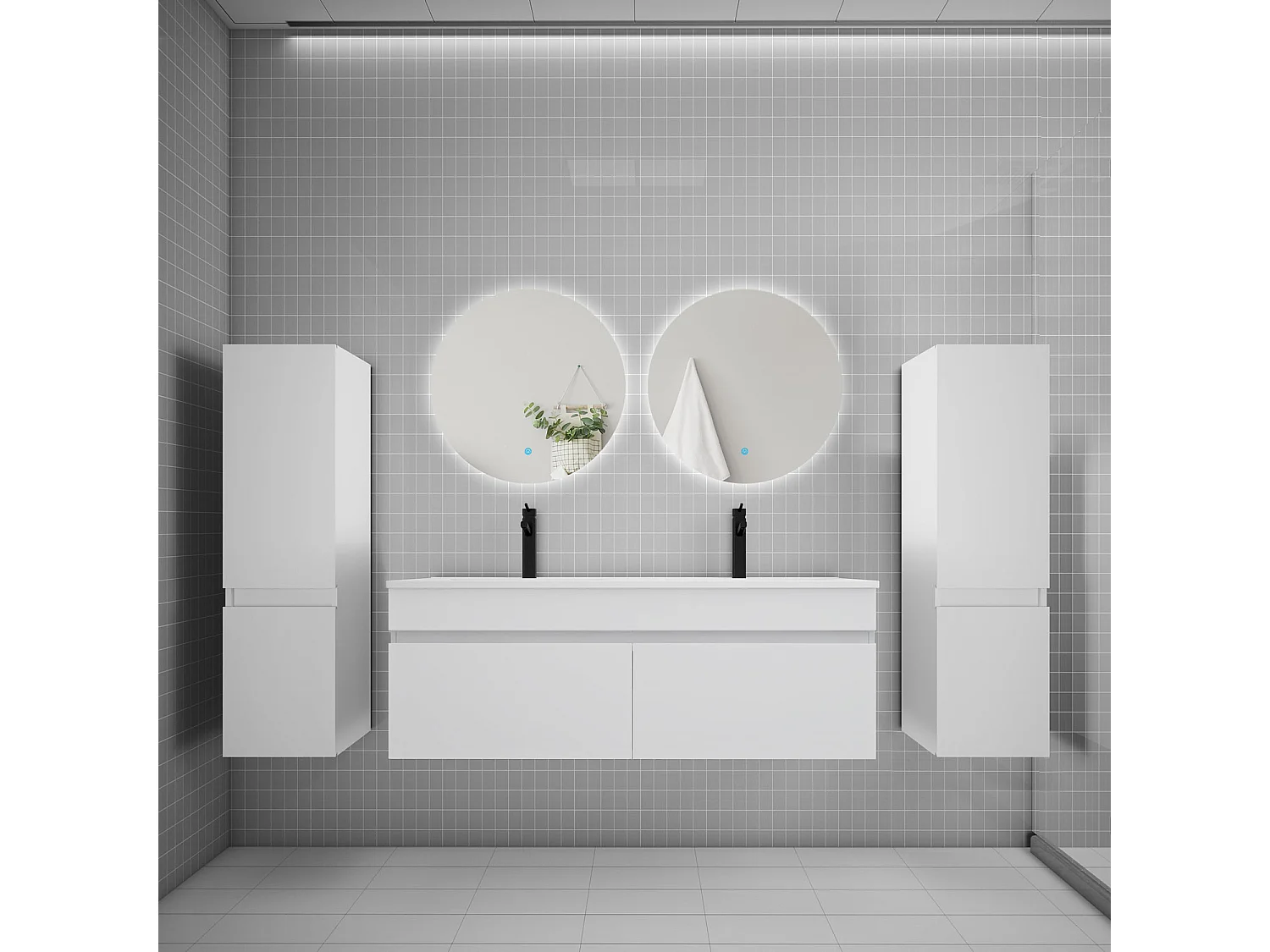 Ensemble meuble vasque L.120cm lavabo + colonne + miroir rond 60cm,blanc