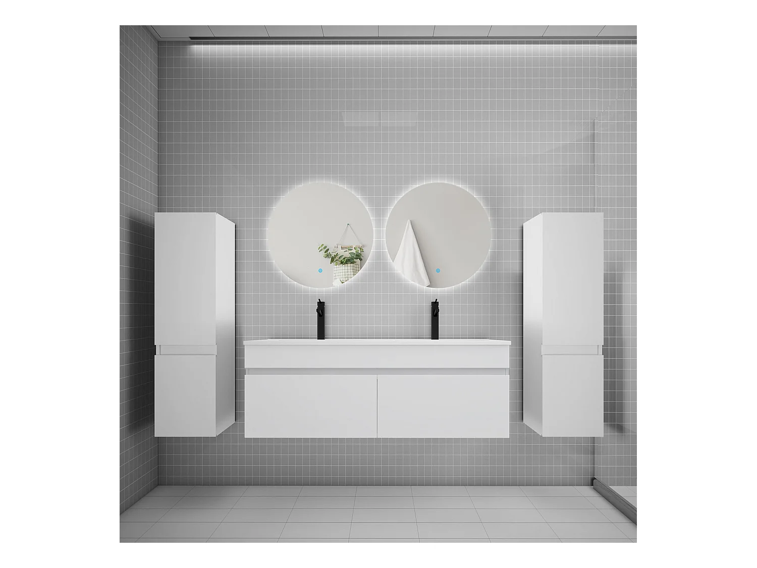 Ensemble meuble vasque L.120cm lavabo + colonne + miroir rond 60cm,blanc