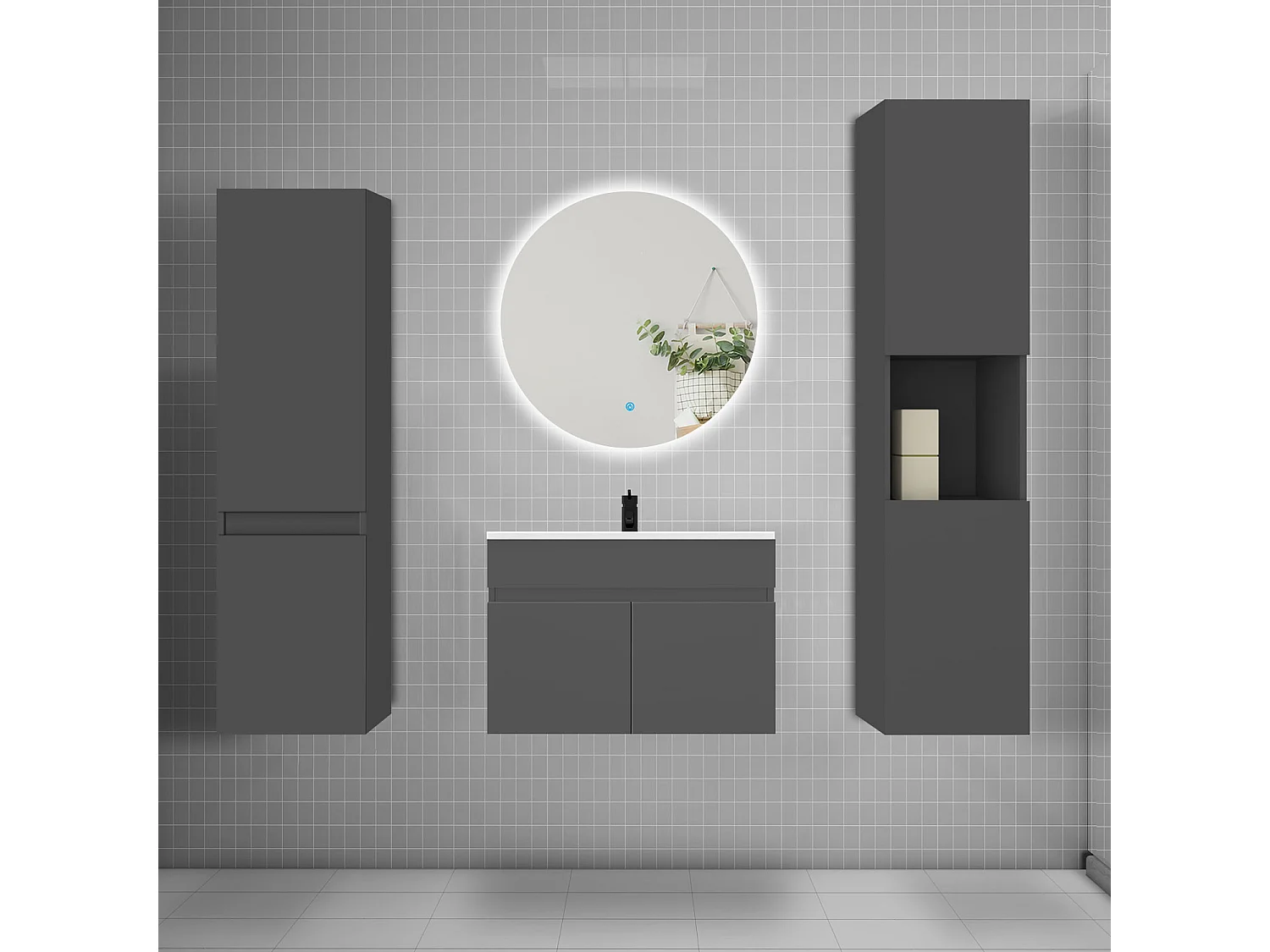 Ensemble meuble vasque L.60cm lavabo + colonne + miroir rond mural 60cm,anthracite