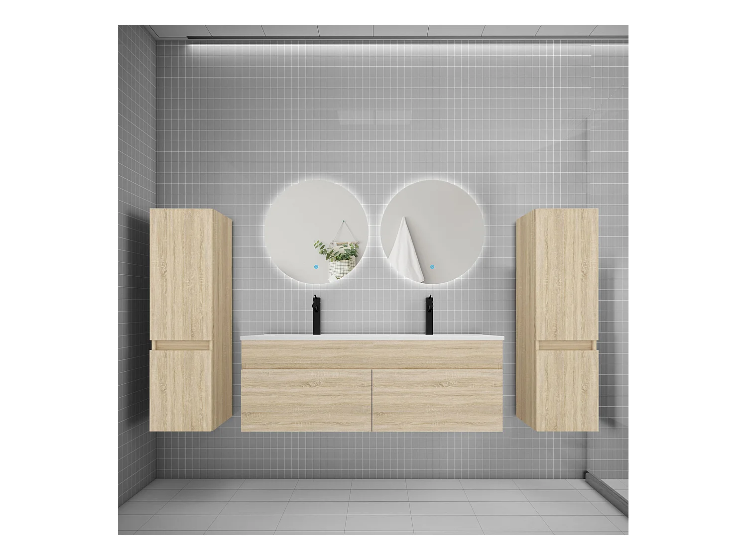 Ensemble meuble vasque L.120cm lavabo + colonne + miroir rond 60cm,chêne