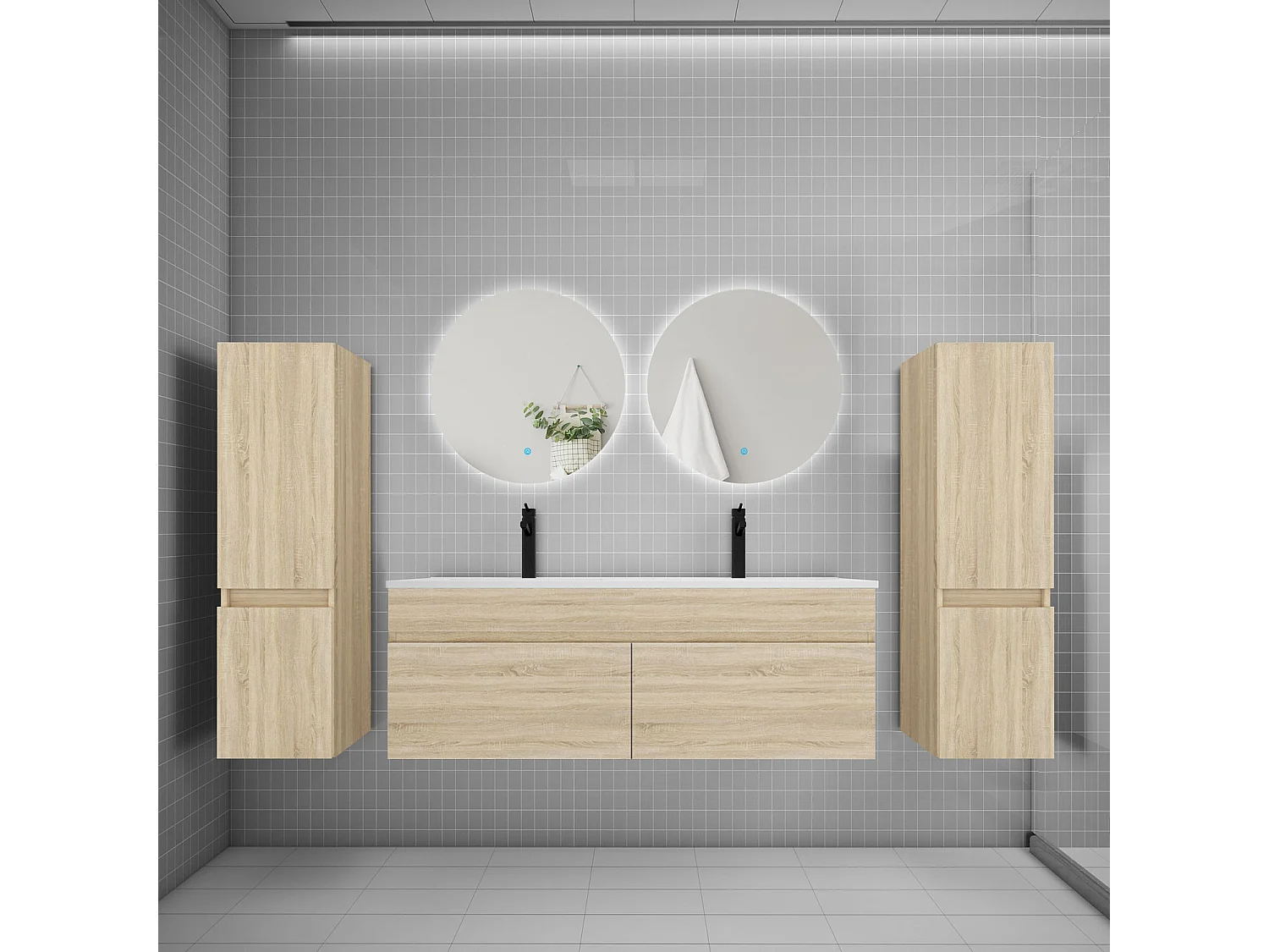 Ensemble meuble vasque L.120cm lavabo + colonne + miroir rond 60cm,chêne