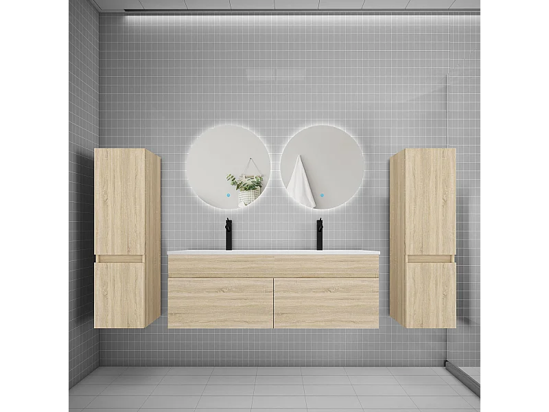 Ensemble meuble vasque L.120cm lavabo + colonne + miroir rond 60cm,chêne