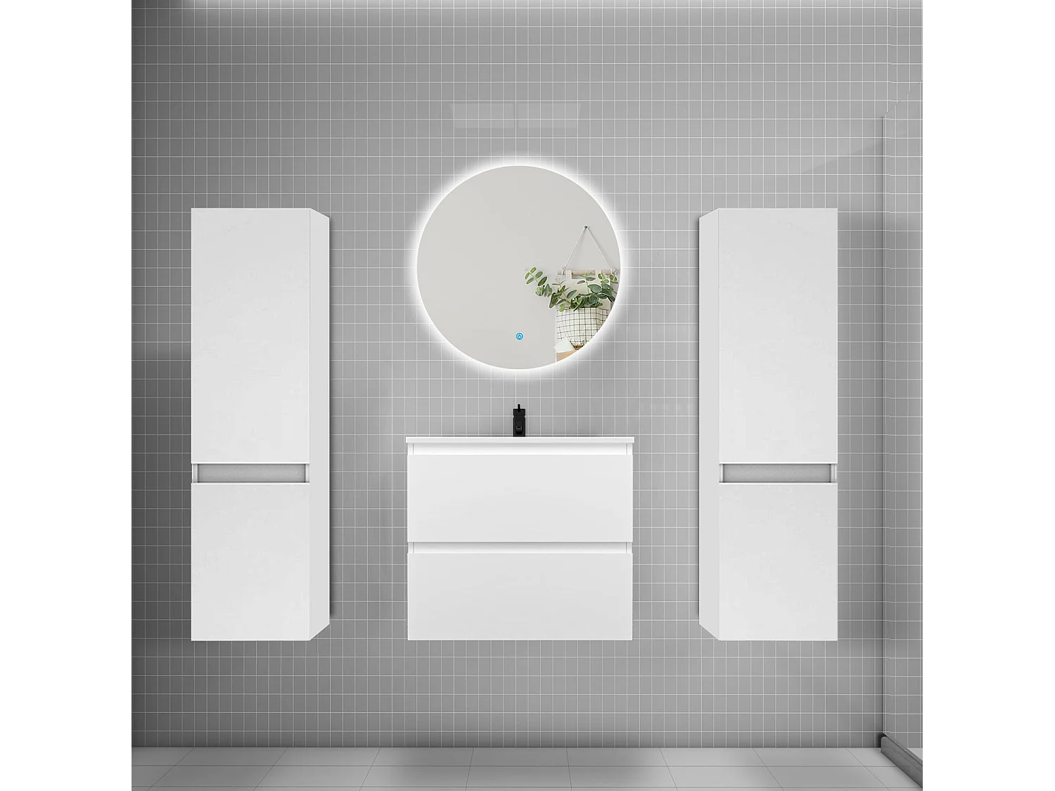 Ensemble meuble vasque L.60cm 2 tiroirs + lavabo + colonne + miroir rond 60cm,blanc