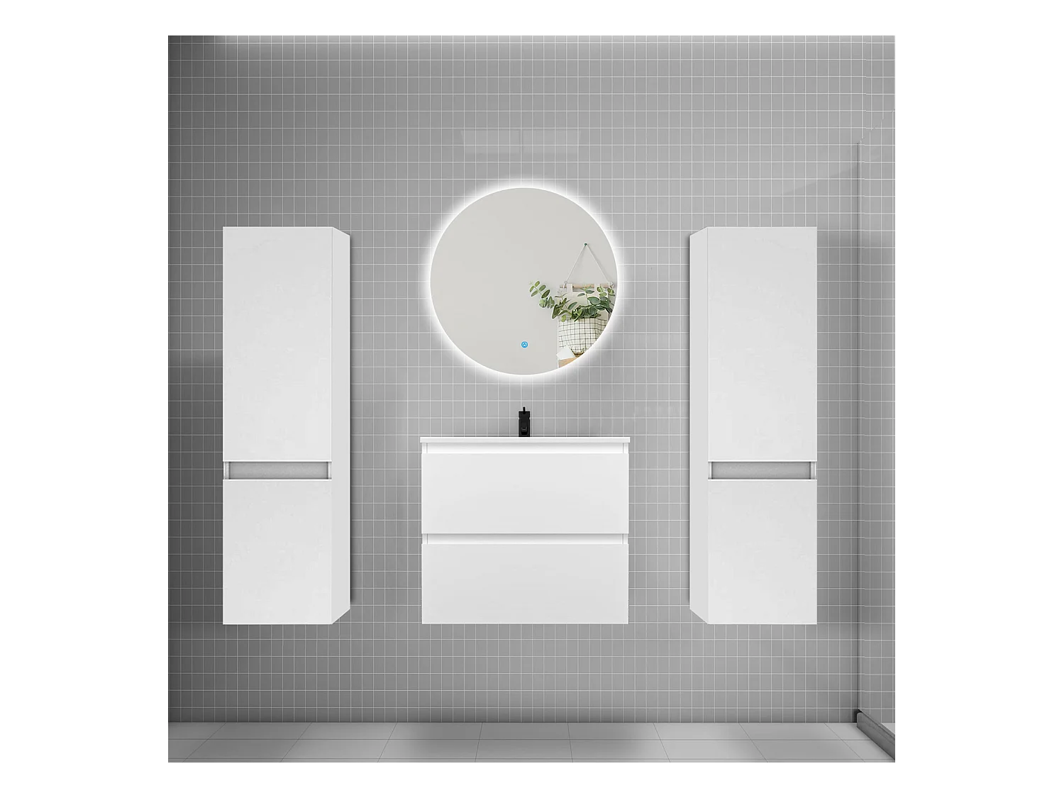 Ensemble meuble vasque L.60cm 2 tiroirs + lavabo + colonne + miroir rond 60cm,blanc