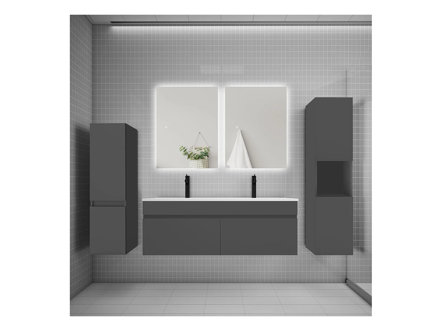 Ensemble meuble vasque L.120cm lavabo + colonne + miroir mural 60cm,anthracite
