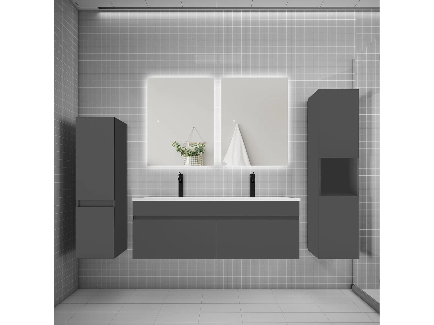 Ensemble meuble vasque L.120cm lavabo + colonne + miroir mural 60cm,anthracite