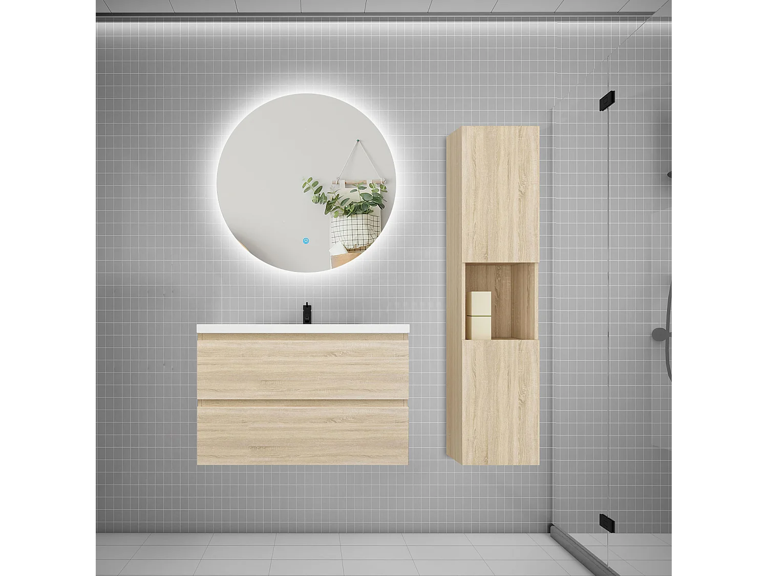 Ensemble meuble vasque 80cm 2 tiroirs + lavabo + colonne + miroir rond,chêne