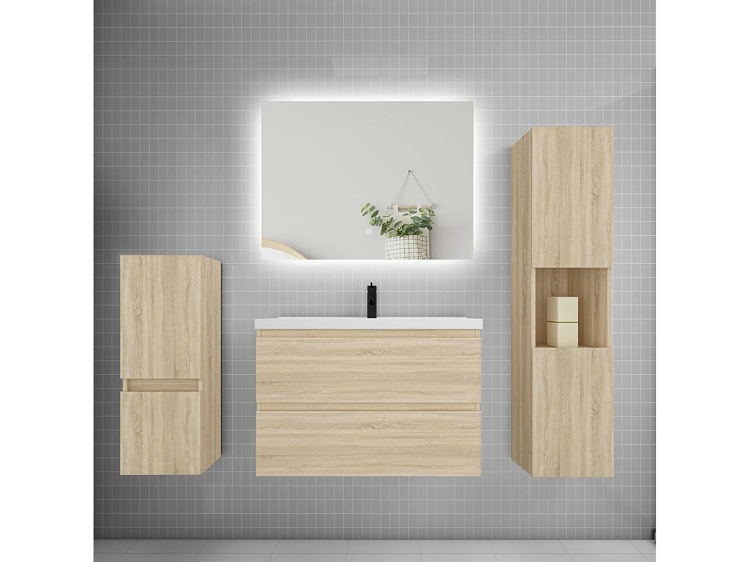 Ensemble meuble vasque L.80cm 2 tiroirs + lavabo + colonne + miroir,chêne