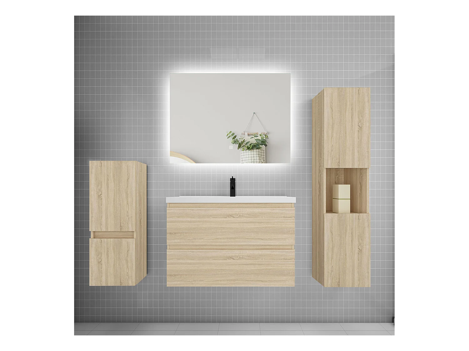 Ensemble meuble vasque L.80cm 2 tiroirs + lavabo + colonne + miroir,chêne