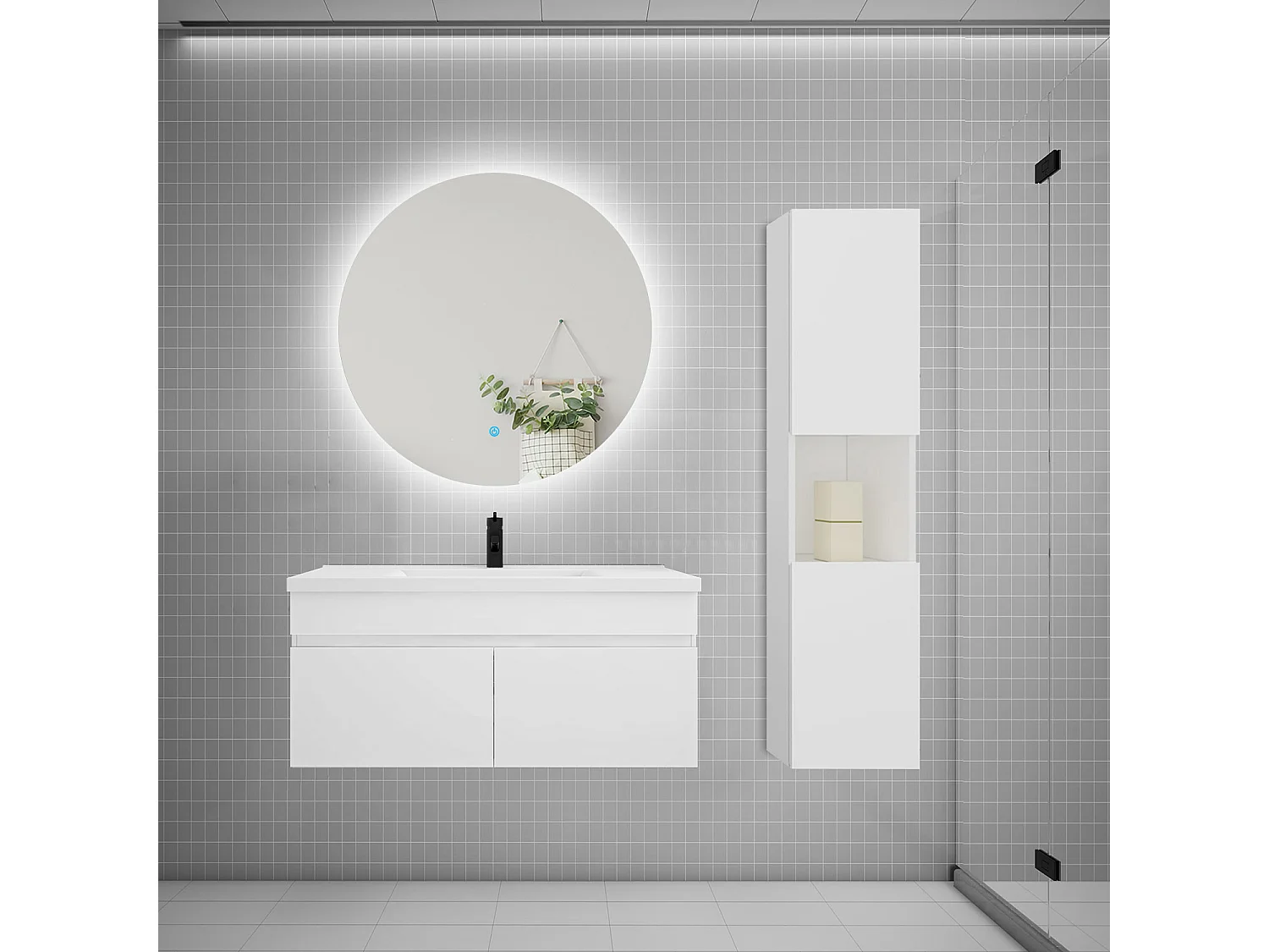 Ensemble meuble vasque 100cm lavabo + colonne + miroir rond,blanc