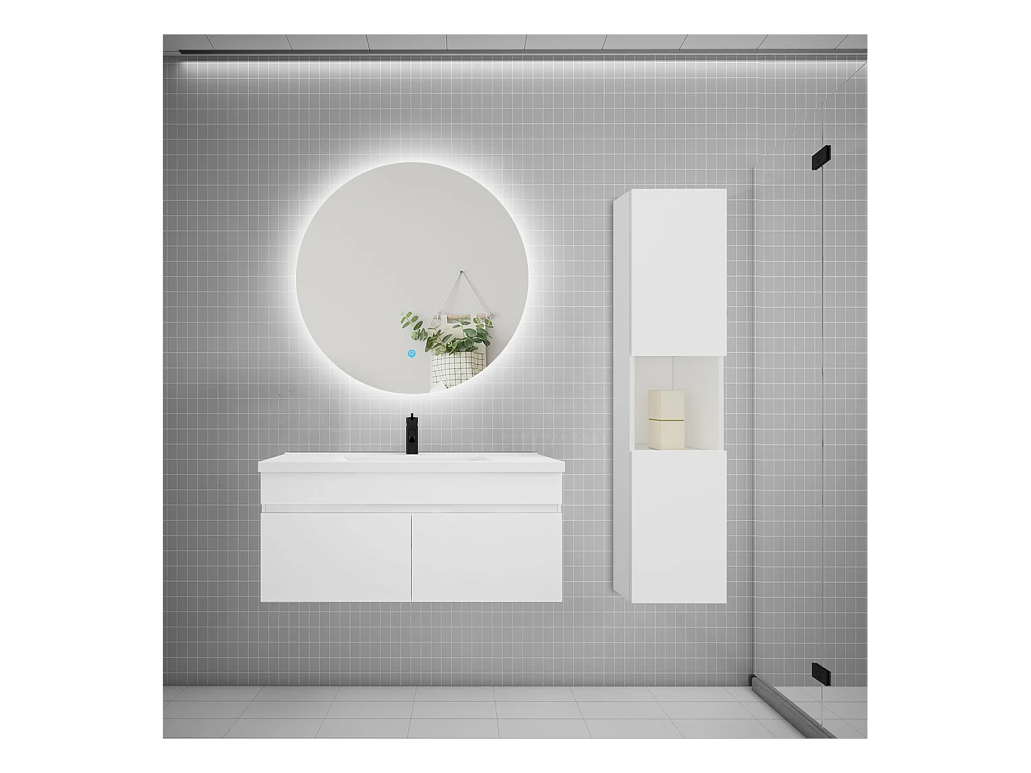 Ensemble meuble vasque 100cm lavabo + colonne + miroir rond,blanc