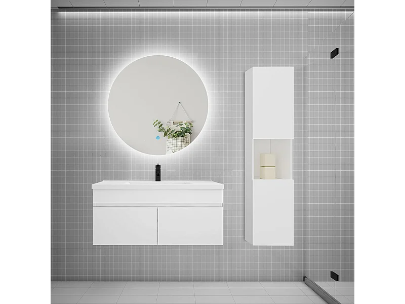 Ensemble meuble vasque 100cm lavabo + colonne + miroir rond,blanc