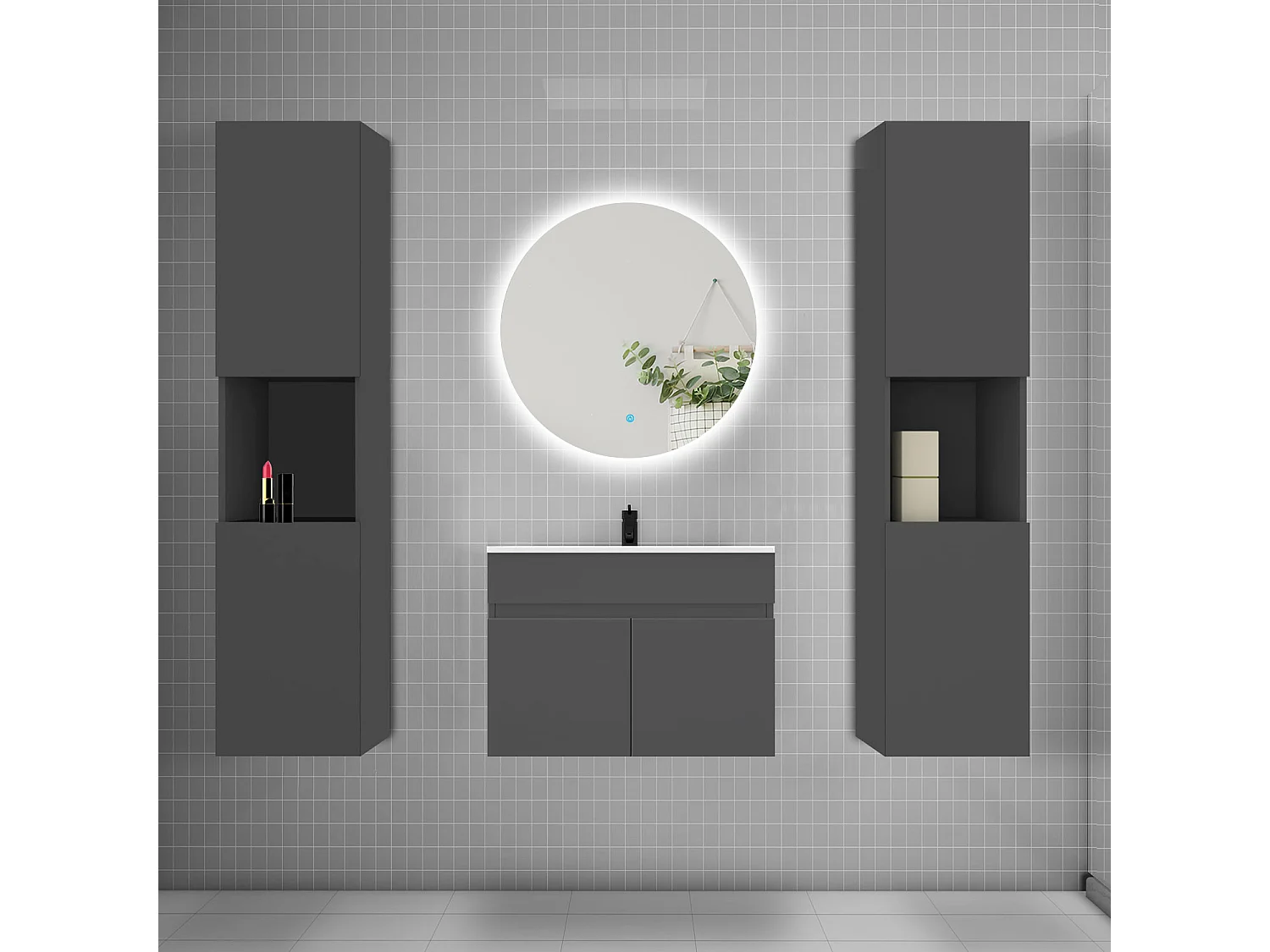 Ensemble meuble vasque L.60cm lavabo + colonne + LED miroir rond 60cm,anthracite