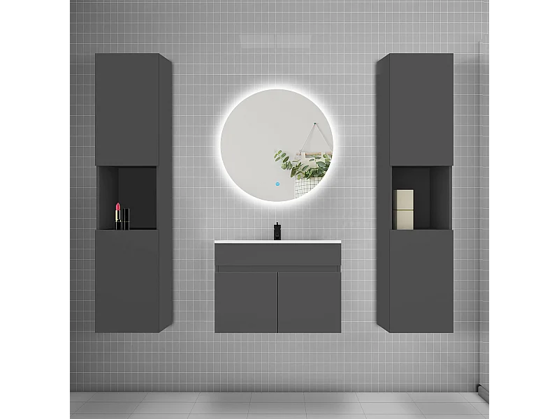 Ensemble meuble vasque L.60cm lavabo + colonne + LED miroir rond 60cm,anthracite