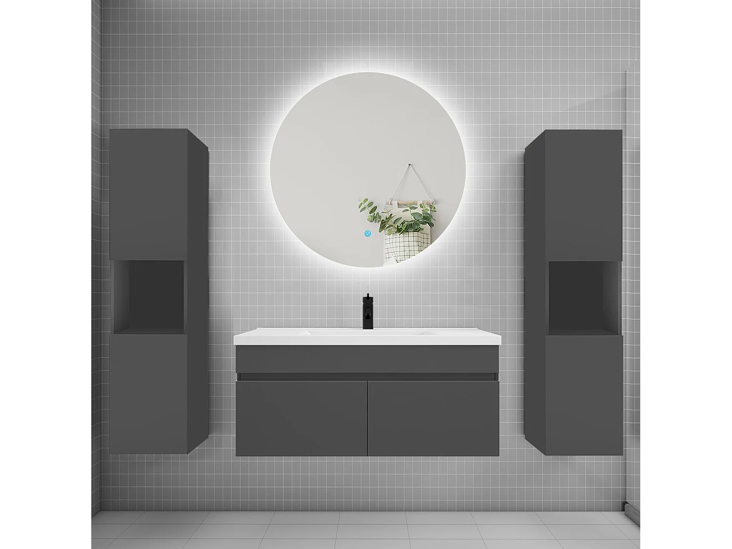 Ensemble meuble vasque L.100cm lavabo + colonne + LED miroir rond 100cm,anthracite