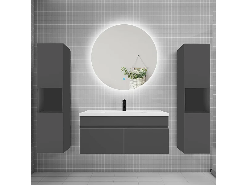 Ensemble meuble vasque L.100cm lavabo + colonne + LED miroir rond 100cm,anthracite