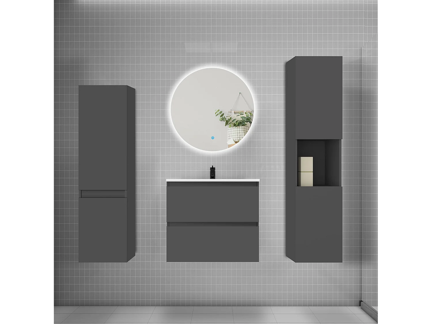 Ensemble meuble vasque L.60cm 2 tiroirs + lavabo + colonne + miroir rond mural 60cm,anthracite