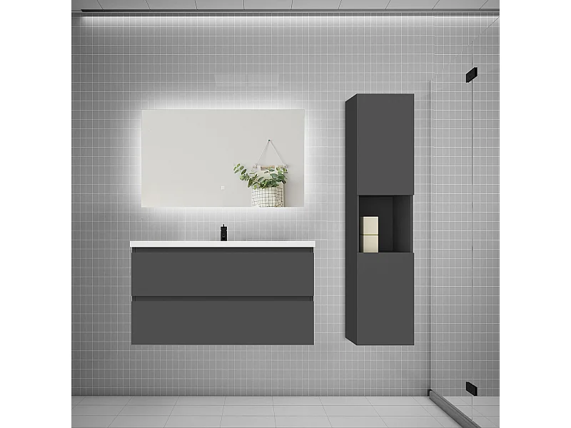 Ensemble meuble vasque 100cm 2 tiroirs + lavabo + colonne + miroir,anthracite