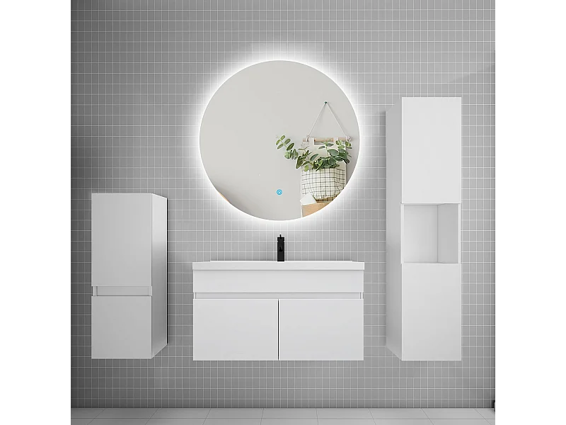 Ensemble meuble vasque L.80cm lavabo + colonne + miroir rond,blanc