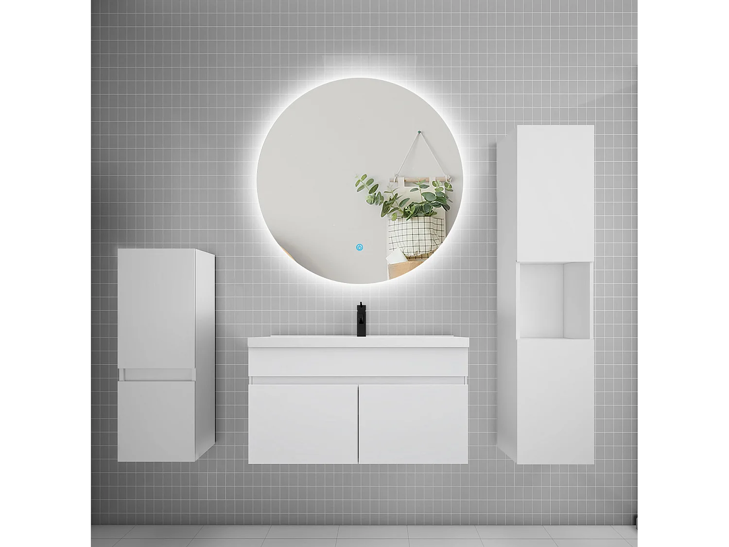 Ensemble meuble vasque L.80cm lavabo + colonne + miroir rond,blanc