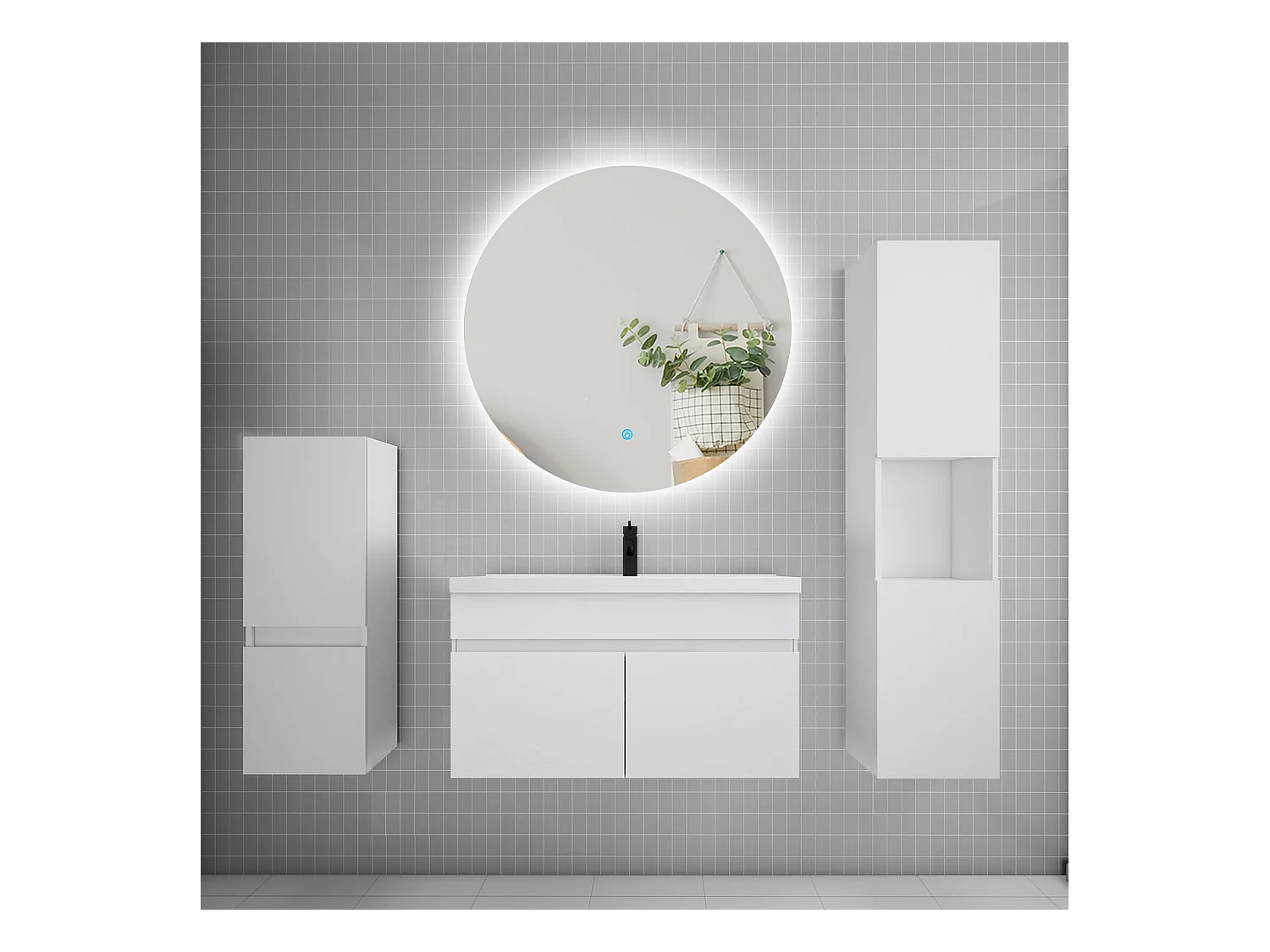 Ensemble meuble vasque L.80cm lavabo + colonne + miroir rond,blanc