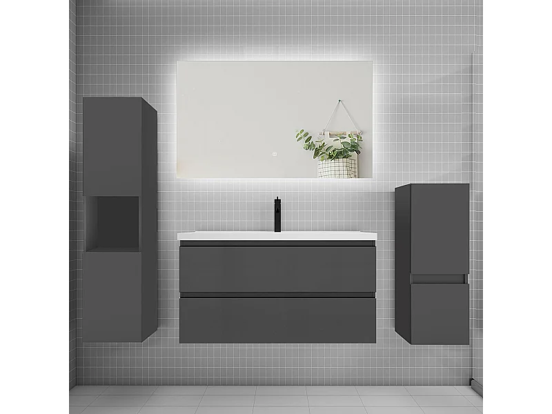 Ensemble meuble vasque L.100cm 2 tiroirs + lavabo + colonne + miroir,anthracite