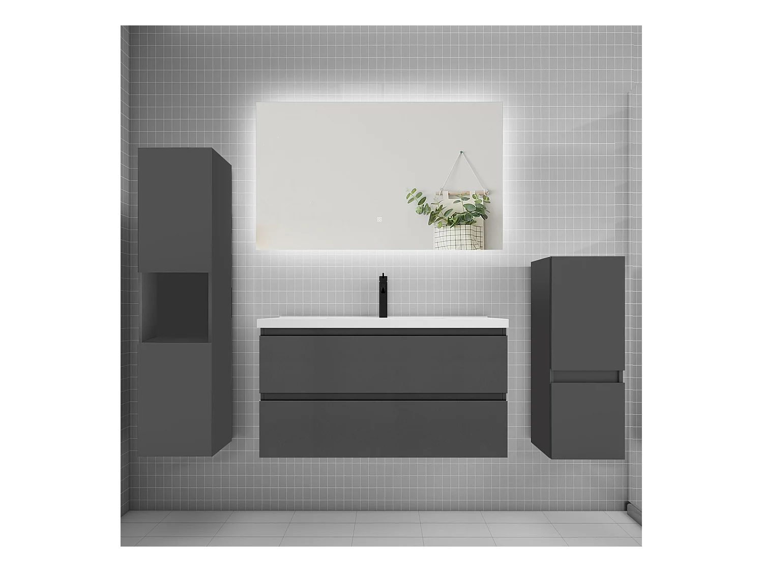 Ensemble meuble vasque L.100cm 2 tiroirs + lavabo + colonne + miroir,anthracite