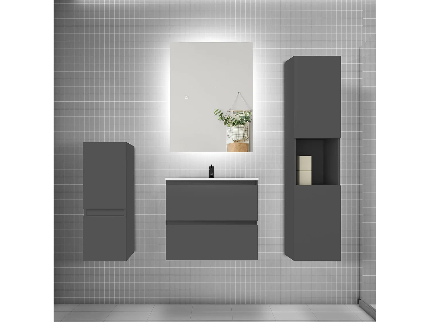 Ensemble meuble vasque L.60cm 2 tiroirs + lavabo + colonne + miroir,anthracite
