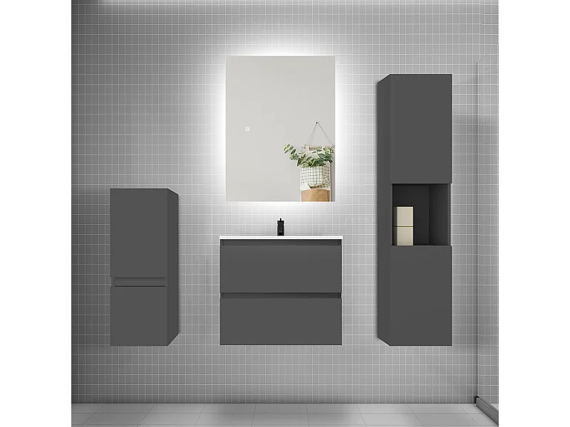 Ensemble meuble vasque L.60cm 2 tiroirs + lavabo + colonne + miroir,anthracite