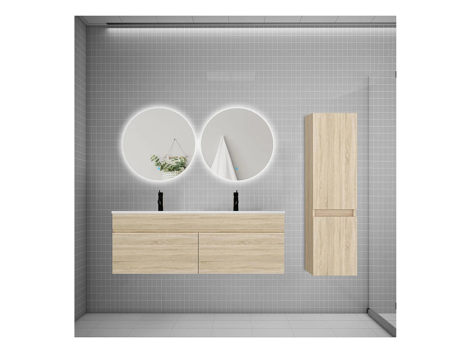 Ensemble meuble double vasque 120cm lavabo + colonne + miroir rond,chêne