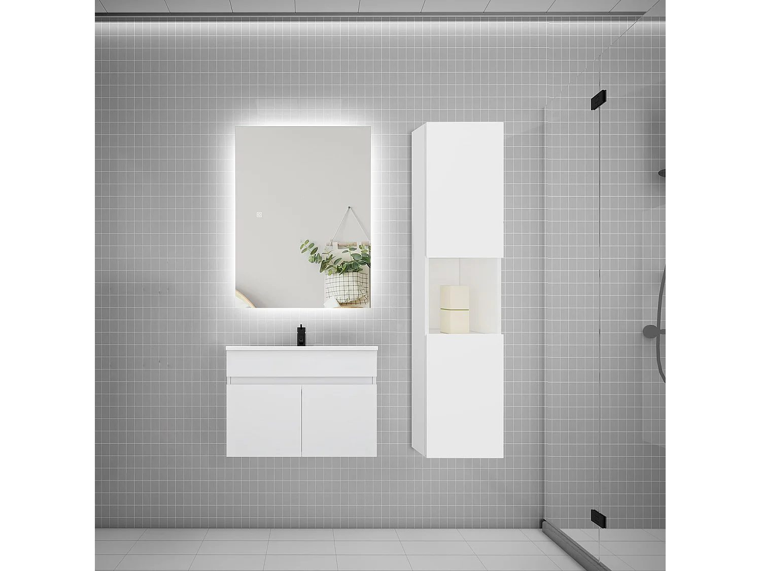 Ensemble meuble vasque 60cm lavabo + colonne + miroir,blanc