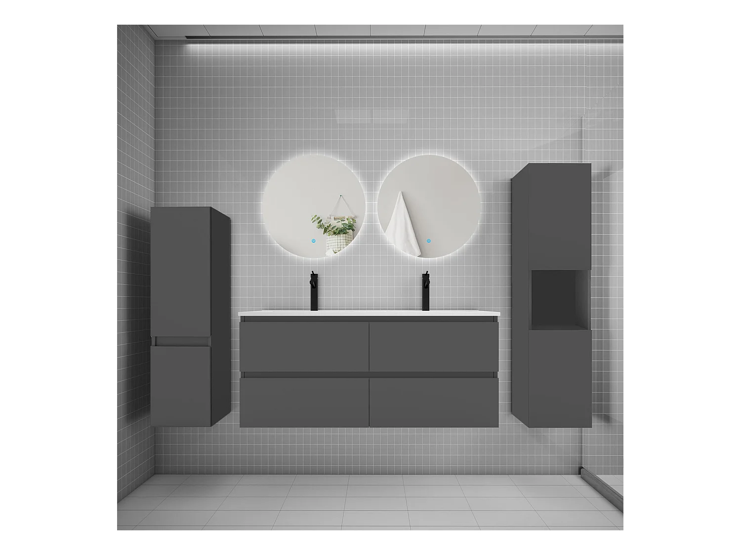 Ensemble meuble vasque L.120cm 2 tiroirs + lavabo + colonne + miroir rond mural 60cm,anthracite