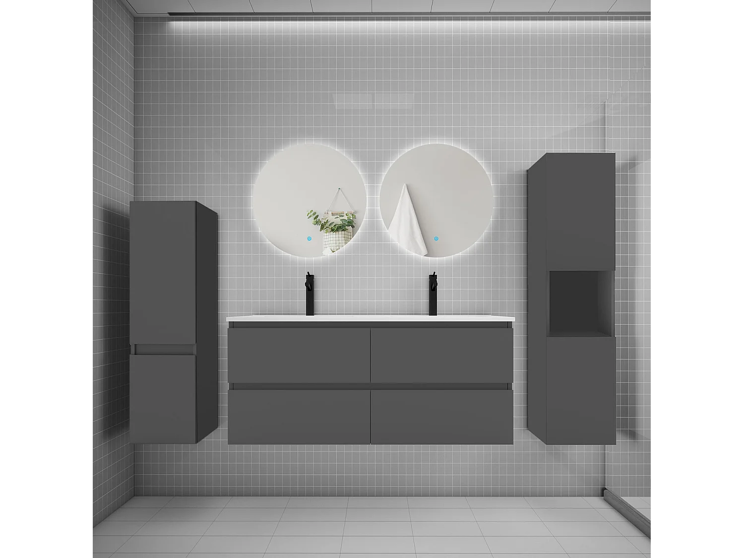 Ensemble meuble vasque L.120cm 2 tiroirs + lavabo + colonne + miroir rond mural 60cm,anthracite