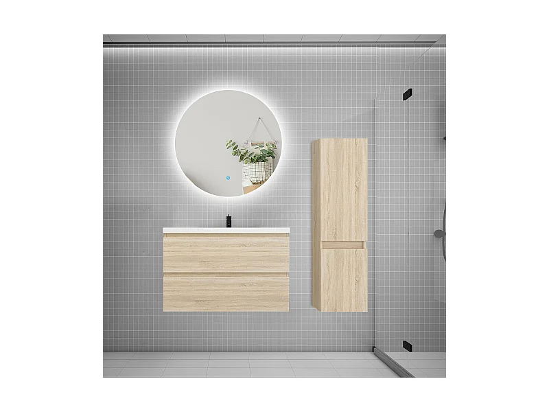 Ensemble meuble simple vasque 80cm 2 tiroirs + lavabo + colonne + miroir rond,chêne