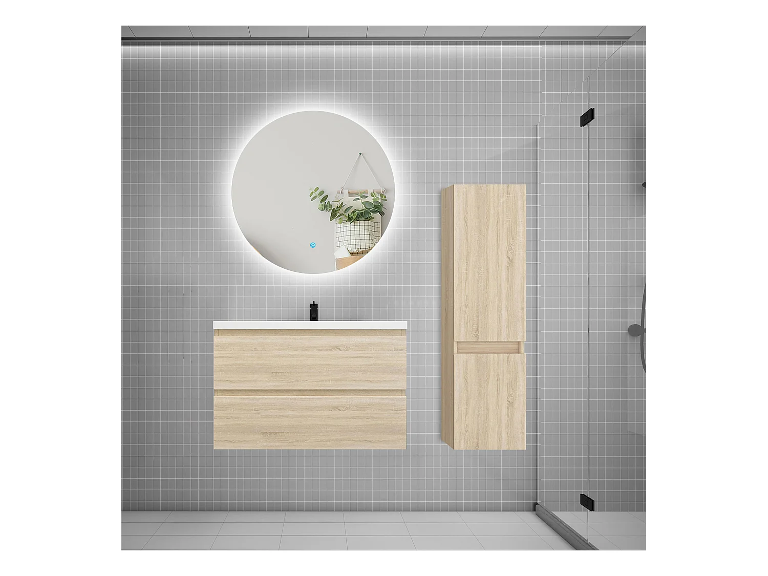 Ensemble meuble simple vasque 80cm 2 tiroirs + lavabo + colonne + miroir rond,chêne
