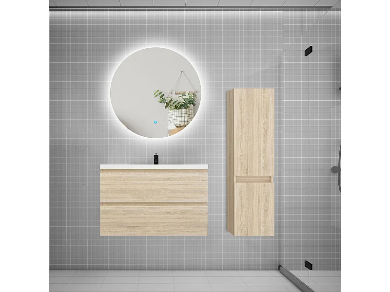 Ensemble meuble simple vasque 80cm 2 tiroirs + lavabo + colonne + miroir rond,chêne