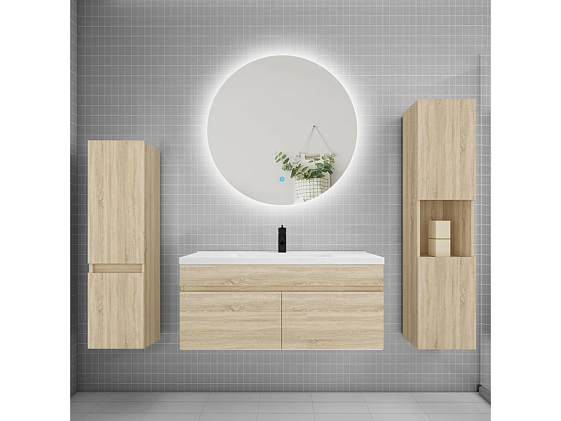 Ensemble meuble vasque L.100cm lavabo + colonne + miroir rond mural 100cm,chêne