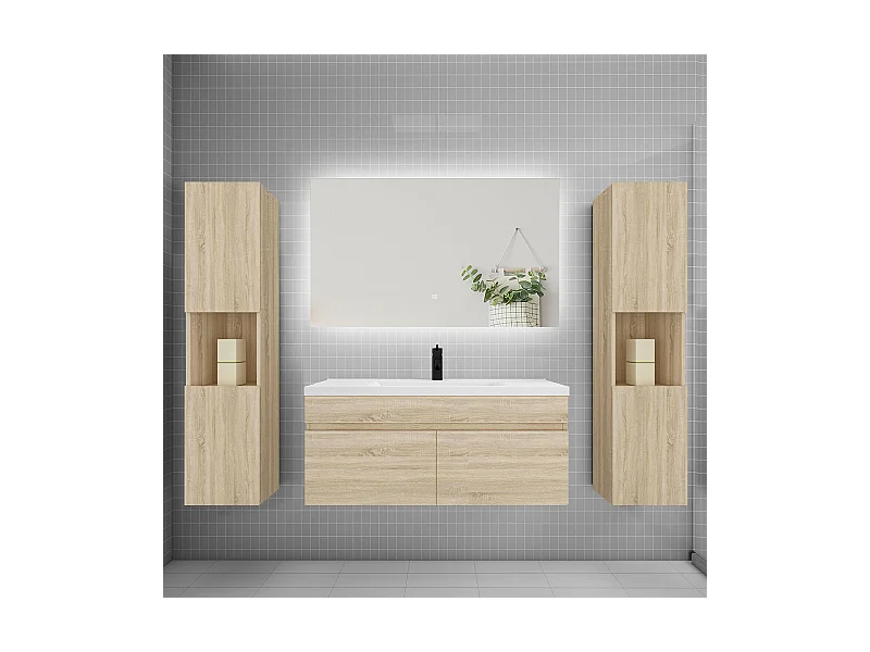 Ensemble meuble vasque L.100cm lavabo + colonne + LED miroir 100cm,chêne