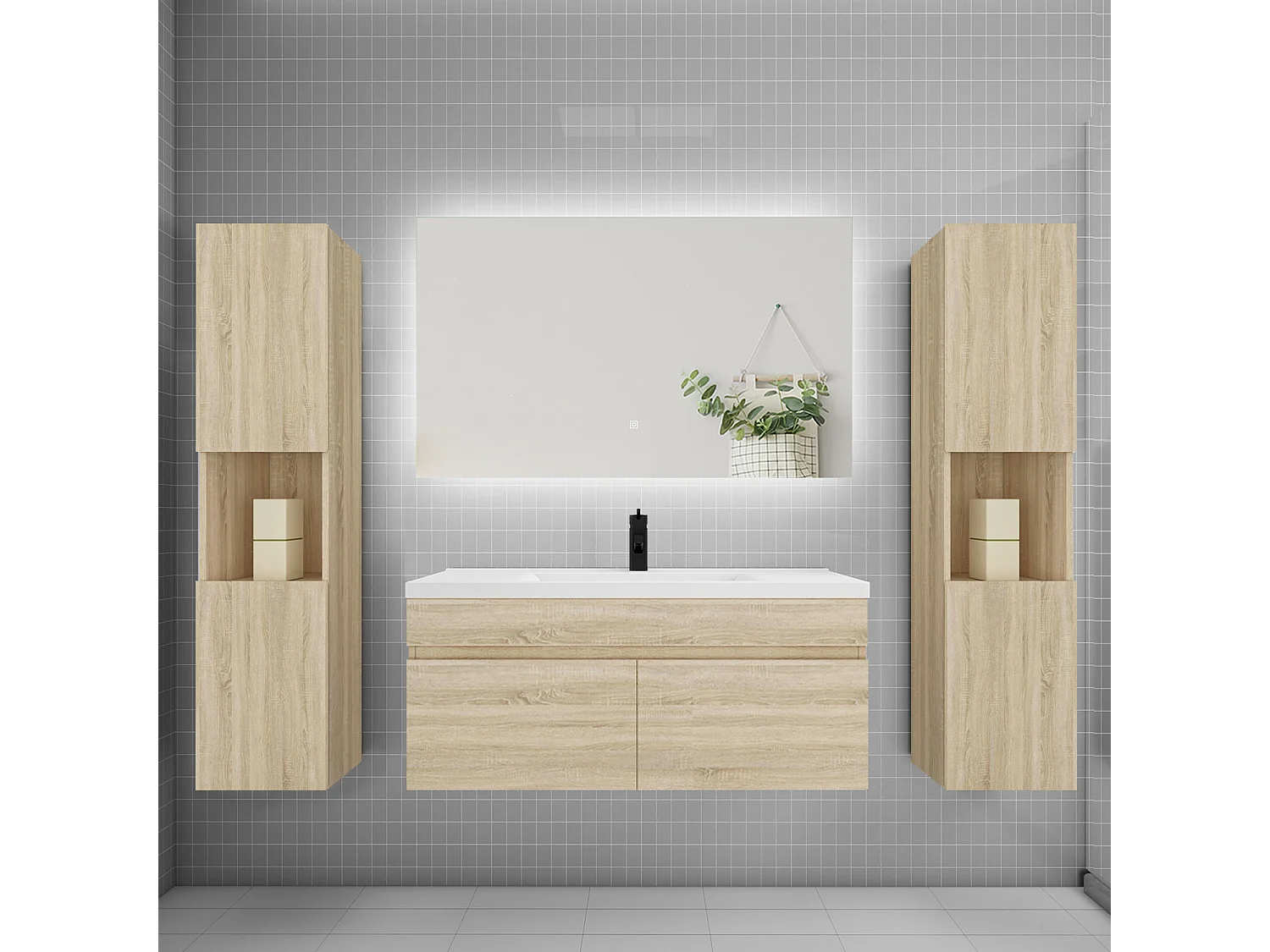 Ensemble meuble vasque L.100cm lavabo + colonne + LED miroir 100cm,chêne